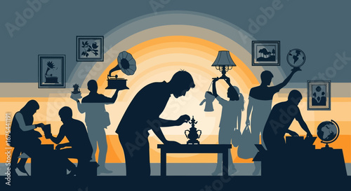 Silhouette of a busy household with people engaging in various evening activities at sunset.