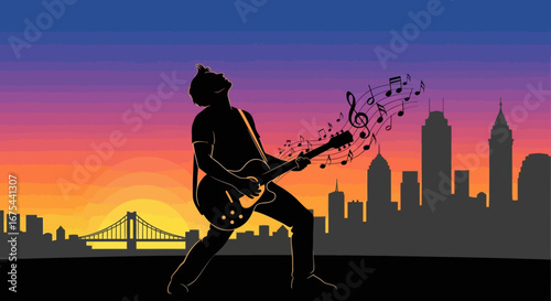 Silhouette of a musician playing guitar with musical notes against a vibrant city skyline at sunset