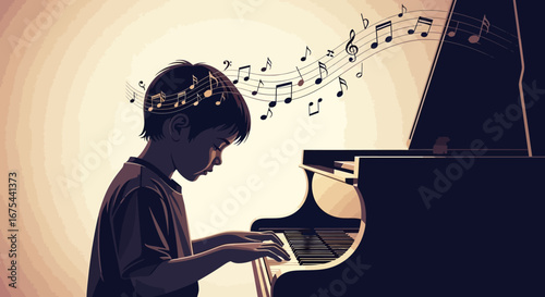 Illustration of a young boy playing piano with musical notes floating above