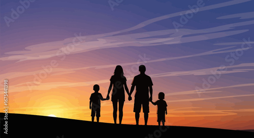 Silhouette of a family of four walking hand in hand against a vibrant sunset with warm orange and purple hues.