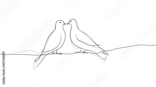 Animation using a continuous line approach. A simple moving banner featuring two doves or birds in love. emblems of love, peace, and independence. Cartoon with linear graphics and animation on a white