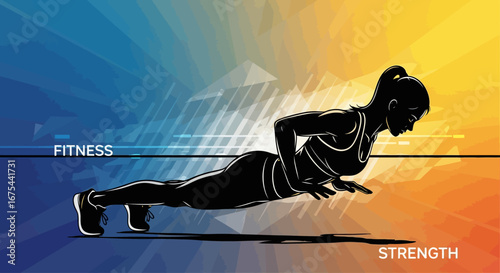 Silhouette of a woman doing a push-up exercise against a vibrant, multicolored background with fitness and strength text.