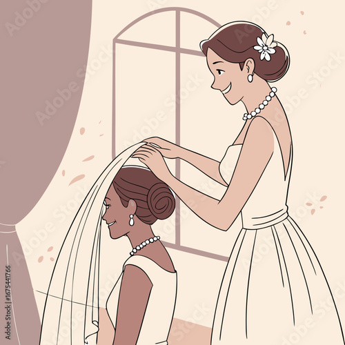 Bride and Maid of Honor Preparing for Wedding Ceremony