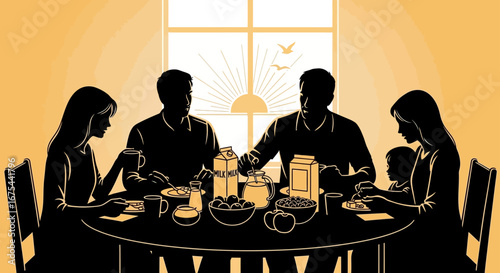 Silhouette of a family having breakfast together at a table by a sunny window
