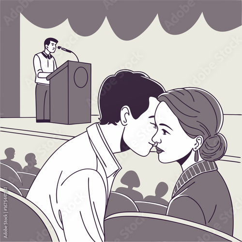 Couple Sharing a Kiss During a Speech in an Auditorium