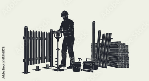 Illustration of a construction worker assembling a fence with tools and materials