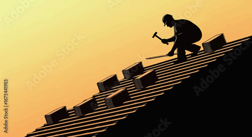 Silhouette of a roofer installing shingles on a roof at sunset