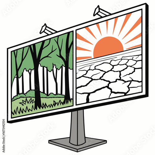 Dual Imagery Billboard: Lush Forest Versus Cracked Earth and Setting Sun