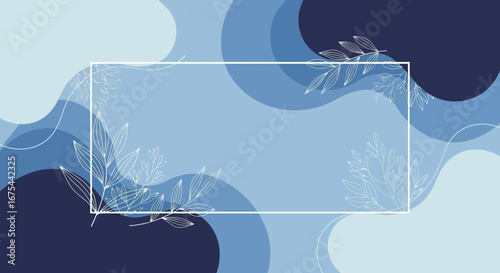Abstract blue waves with white leaves and a rectangular frame for text, a calming and serene background