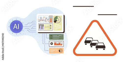 AI module processes traffic data with visual stats and graphs, alerts with car congestion warning sign. Ideal for AI innovation, transport tech, safety systems, data analytics, automation, smart