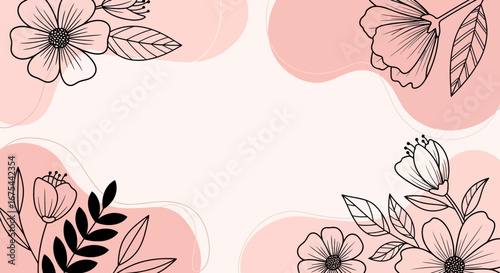 Elegant Hand-Drawn Floral Outline Background with Soft Pink Abstract Shapes and Botanical Accents, Perfect for Spring Designs