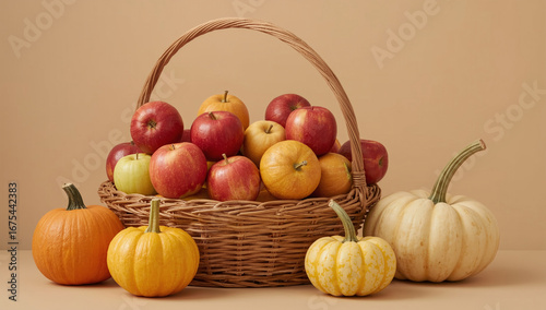 Basket of autumn harvest with apples and pumpkins