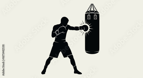 Silhouette of a boxer punching a punching bag in a dark monochrome style against a plain background.