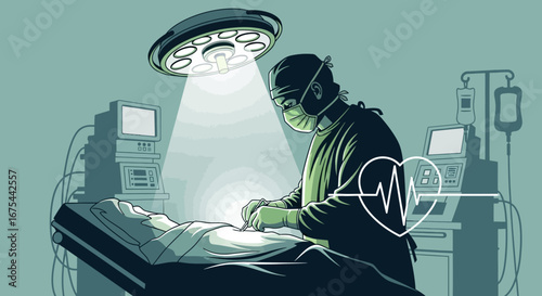 Illustration of a surgeon performing surgery under a bright light in an operating room with a heart rate monitor display.