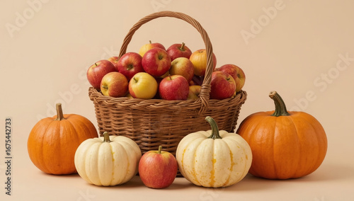 Basket of autumn harvest with apples and pumpkins