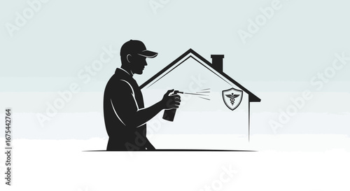 Black silhouette of a pest control worker spraying a house with a shield logo