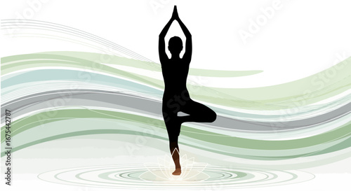 A woman in a yoga pose with arms raised on a green and gray wave background.