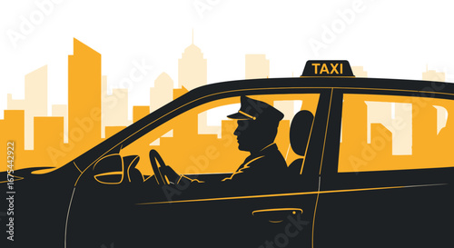 Silhouette of a taxi driver in a cityscape at sunset with a warm orange glow