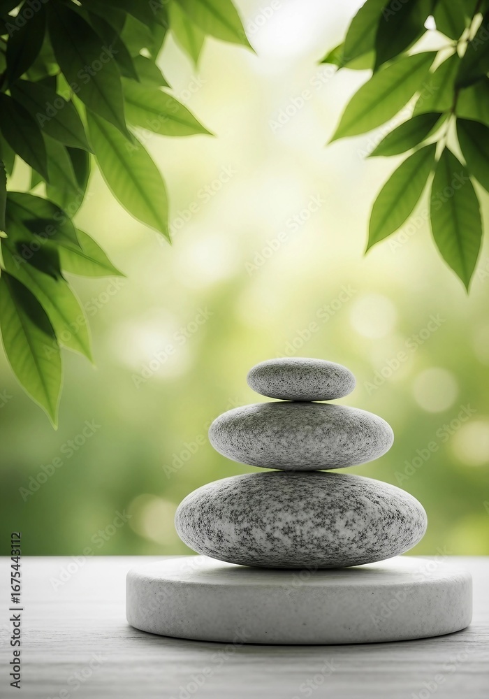 Obraz premium Balanced Stone Stack with Green Leaves | Zen Garden Still Life for Meditation, Wellness and Spa Concepts
