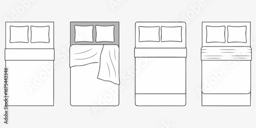 Top view line art illustration of four different bed styles with pillows and bedding