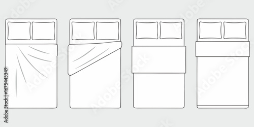 Top view illustration of four beds with different bedding arrangements and styles
