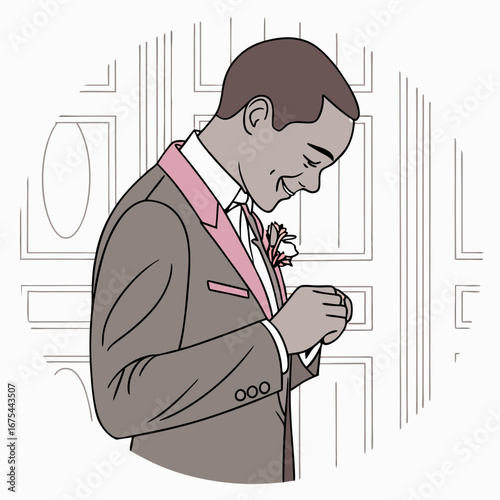 Smiling Groom Adjusting Cufflinks in Brown Suit with Pink Lapel