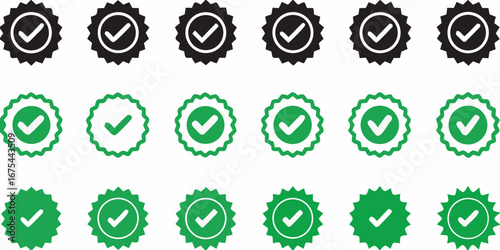 Collection of black and green check mark badges and certified approved seals