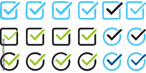 Collection of checkmark icons in blue and green within squares and circles on a black background