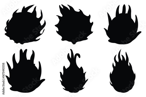 Collection of Tropical and Orchard Fruit Silhouettes – Pear, Pineapple, dragon ,Strawberry, and Dragon Fruit Vector Icons on White Background
