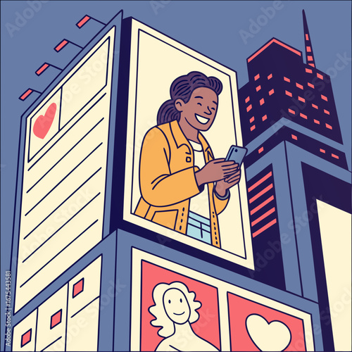 Smiling Woman Using Smartphone on City Billboard at Night