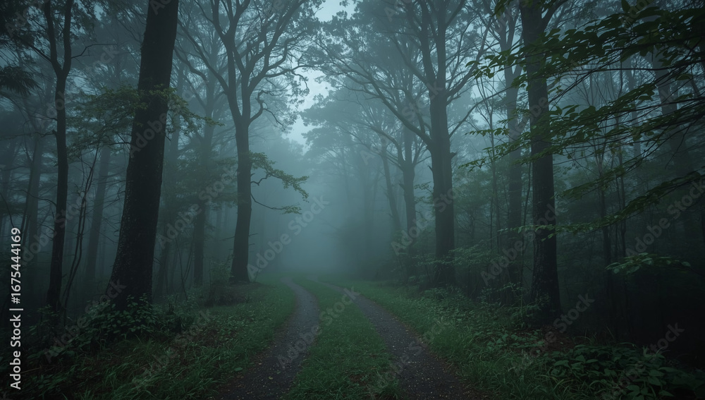 Naklejka premium Foggy forest path - mysterious mood