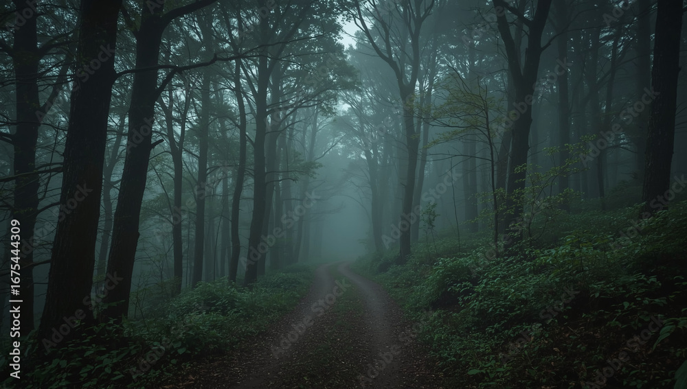Fototapeta premium Foggy forest path - mysterious mood