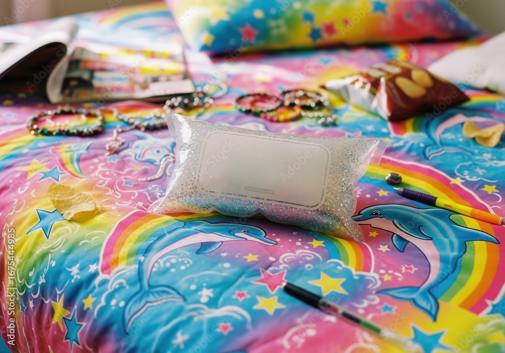 Fototapeta premium Nostalgic Y2K teen bedroom with rainbow dolphin bedding and glitter