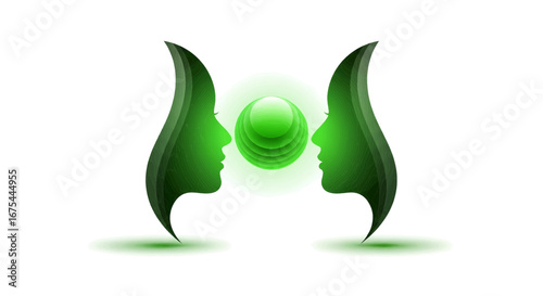 World Mental Health Awareness Day Two Green Profiles Facing a Glowing Sphere