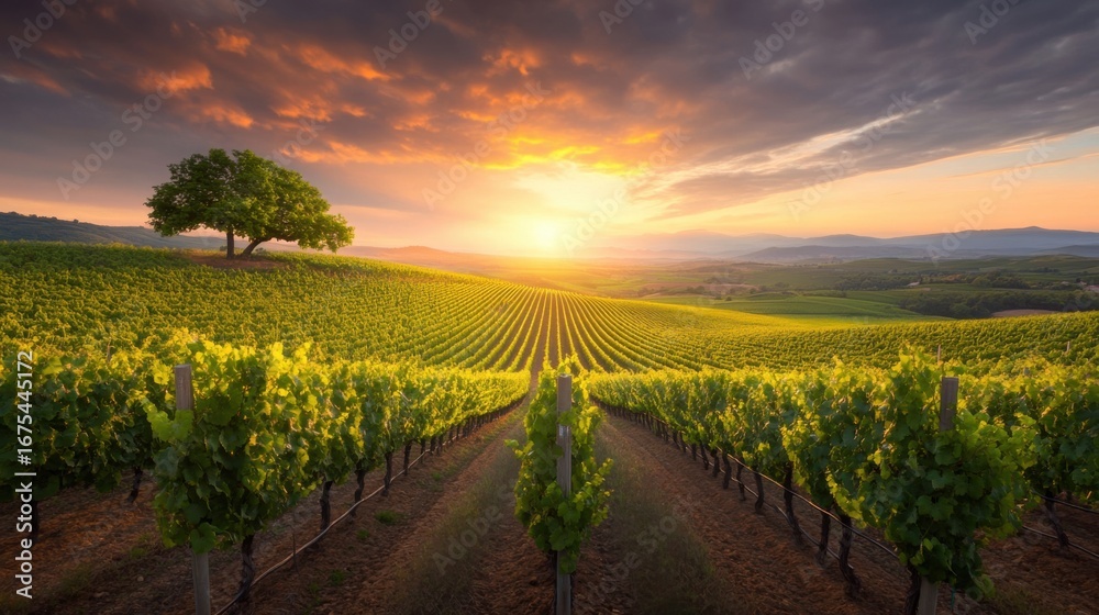 Fototapeta premium Stunning sunset over lush vineyard with rolling hills and vibrant sky