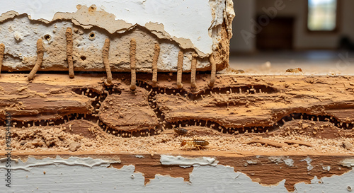 Termite damage to wood, showing tunnels and mud tubes
