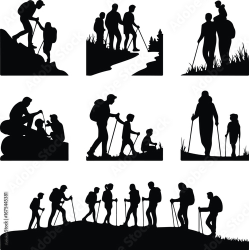 Families Hiking Together Silhouette Vector Icon Design Family Adventure Outdoors – Hiking Silhouette Icon Set