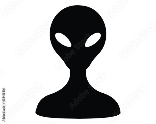 A monochromatic silhouette of a classic alien with large head and eyes