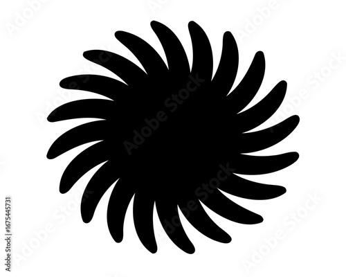 Abstract black spiral shape with curved blades against white background design