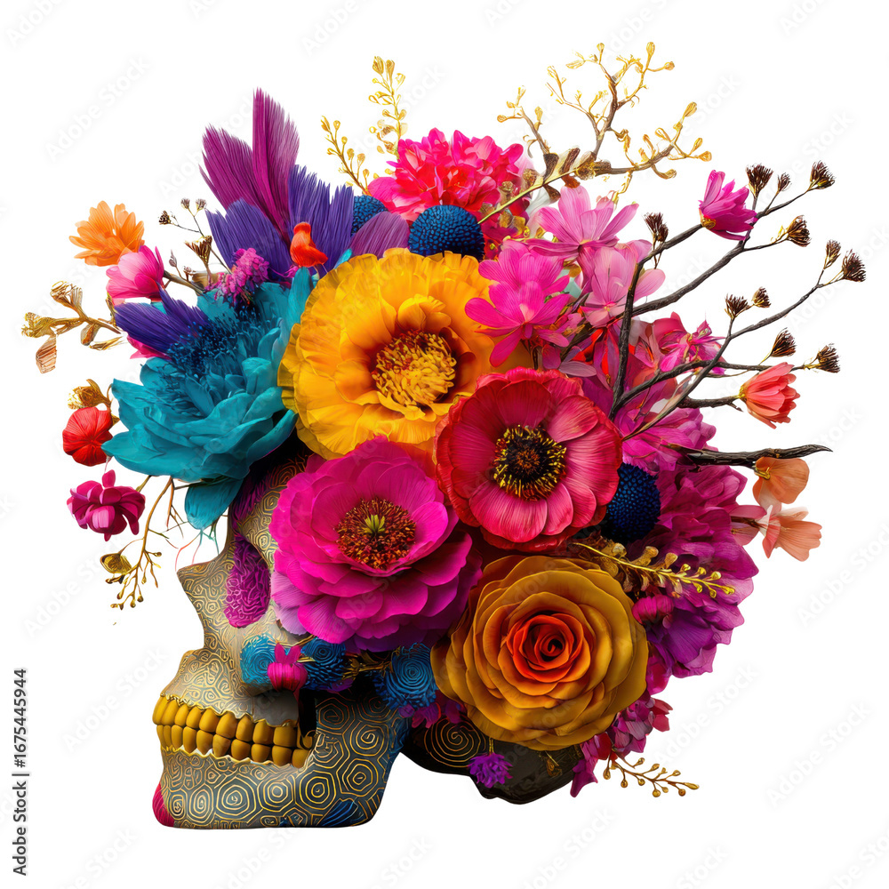 Obraz premium Skull with floral arrangement featuring vibrant colorful flowers and intricate patterns creating lively artistic design