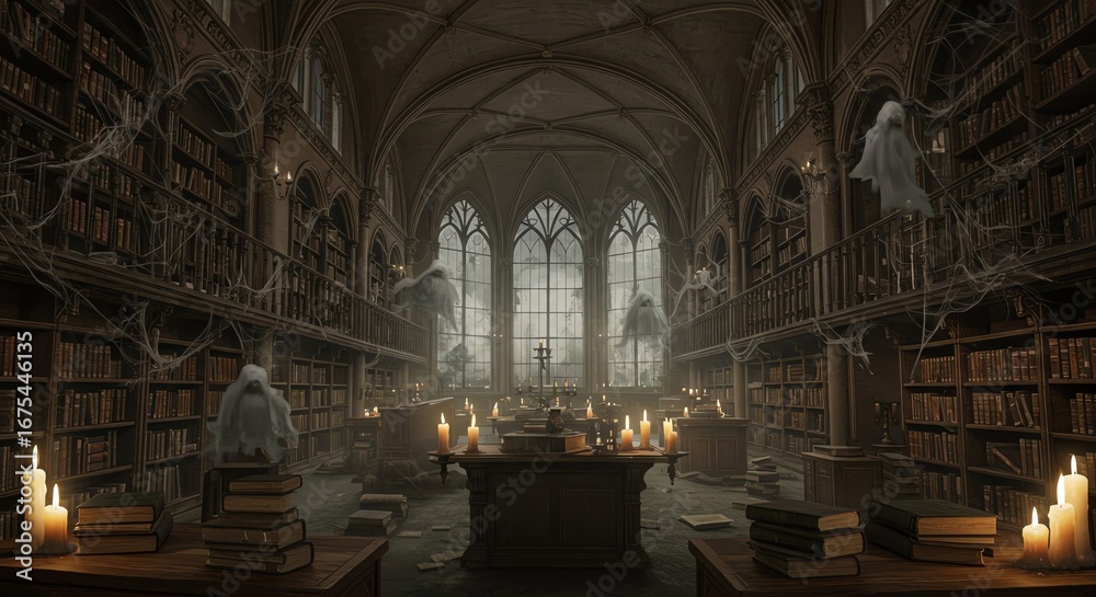 Obraz premium Haunted Library Ghostly Apparitions in an Old Gothic Setting