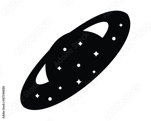 Black and white space illustration of a ringed planet with stars