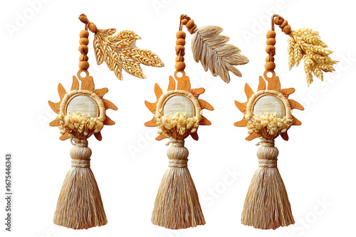 Three Beige Tassels with Sun and Leaf Details on Transparent Background