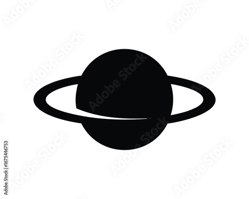 Black and white illustration of a ringed planet floating in space
