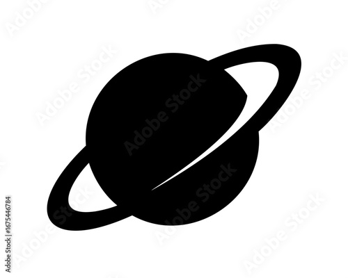A simple black and white icon of a planet with a ring