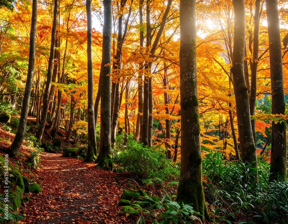 Fototapeta premium Autumn forest path bathed in sunlight