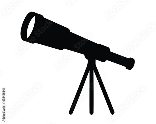 Black silhouette of a telescope on a tripod against white background