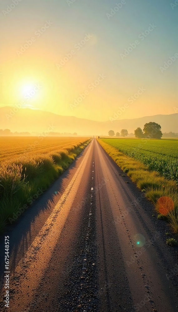 Naklejka premium Serene country road stretching towards a hazy horizon, sun-drenched fields flanking the path, idyllic rural landscape Perfect for travel, nature, and countryside themes , blue sky, way, rural