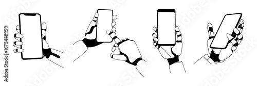 Set of robotic hands holding smartphones, AI technology concept, phone screen mockups for digital design, futuristic interface. Hand drawn sketch vector illustration Isolated on transparent background