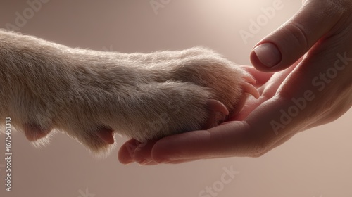 Human hand gently holding dog paw, closeup symbolizing love, trust, friendship and strong bond between people and animals  
